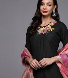 Women black embroidered kurta with palazzos & with dupatta
