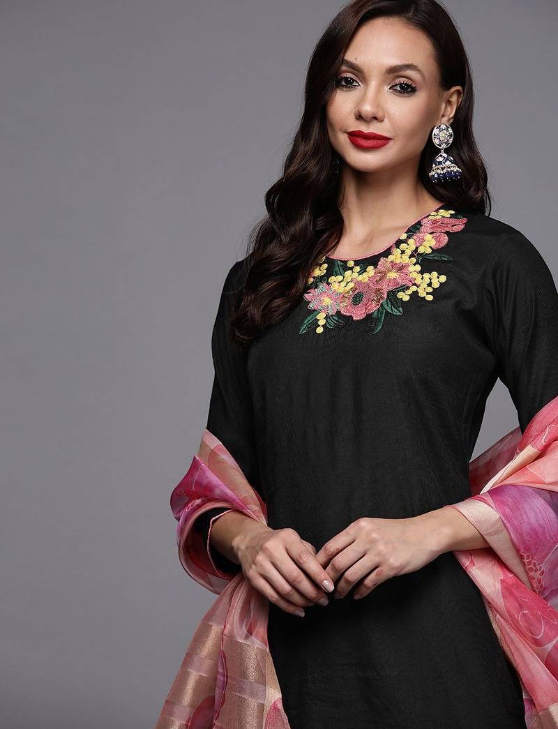 Women black embroidered kurta with palazzos & with dupatta