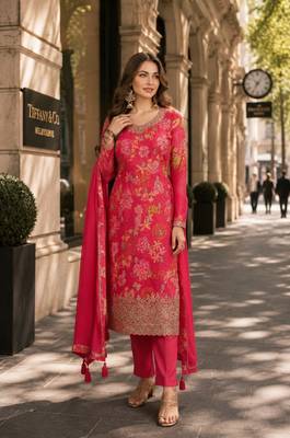 Red chinon suit with multi digital printed work 1