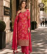 Red chinon semi stitched suit with multi digital printed work