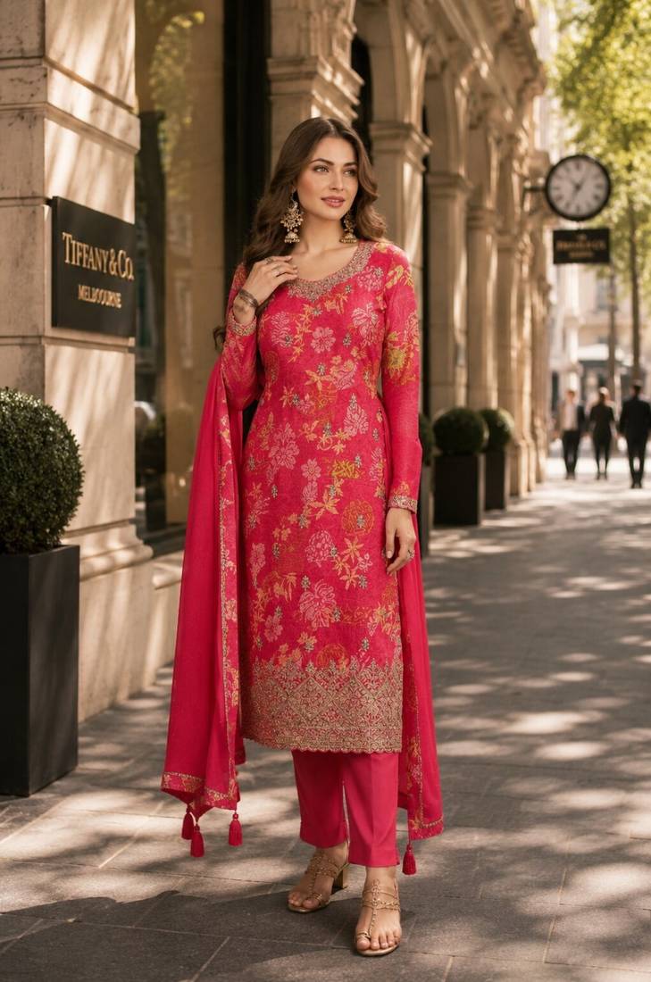 Red chinon semi stitched suit with multi digital printed work
