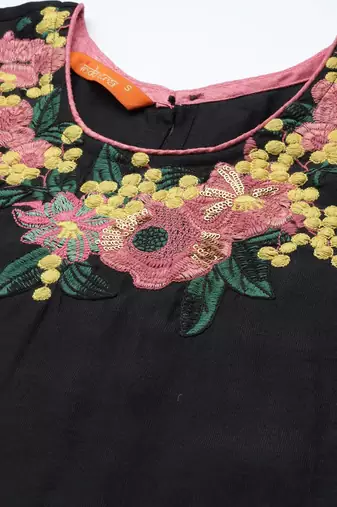 Women black embroidered kurta with palazzos & with dupatta