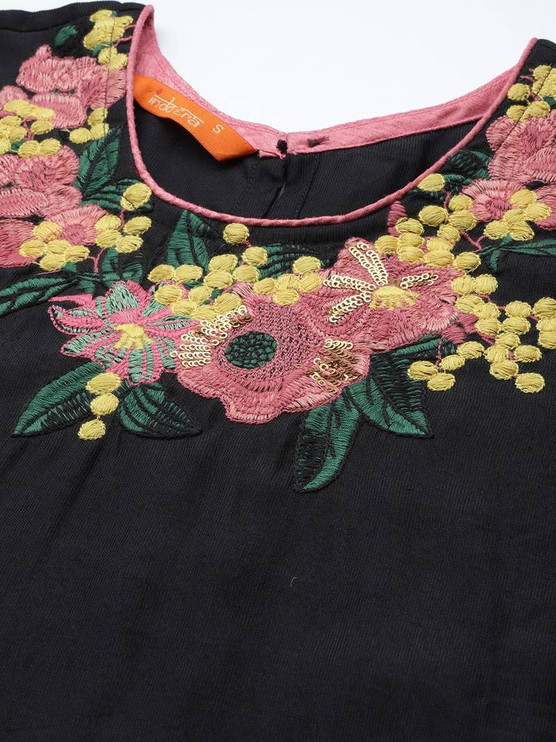 Women black embroidered kurta with palazzos & with dupatta