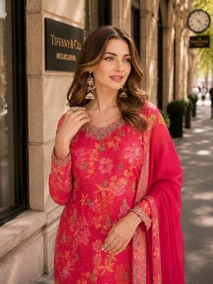 Red chinon suit with multi digital printed work 2