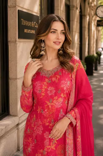 Red chinon semi stitched suit with multi digital printed work