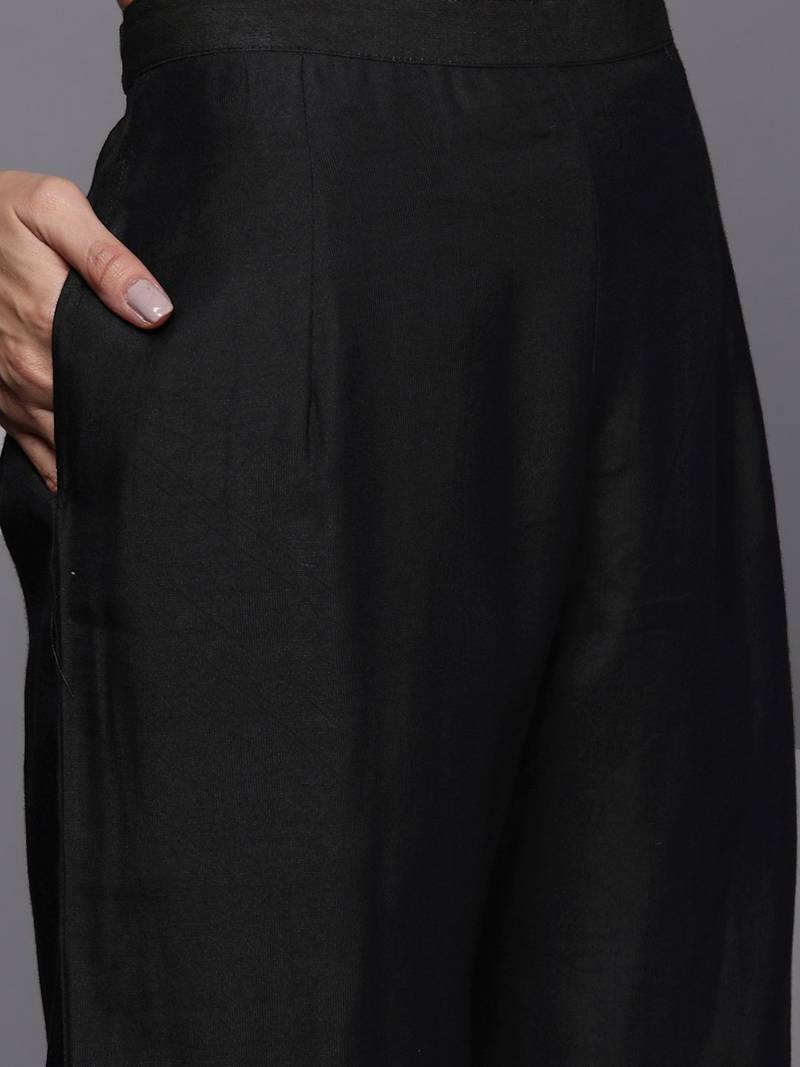 Women black embroidered kurta with palazzos & with dupatta