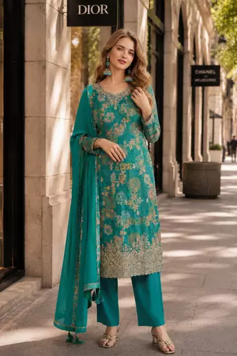 Teal green chinon semi stitched suit with multi digital printed work