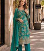 Teal green chinon semi stitched suit with multi digital printed work