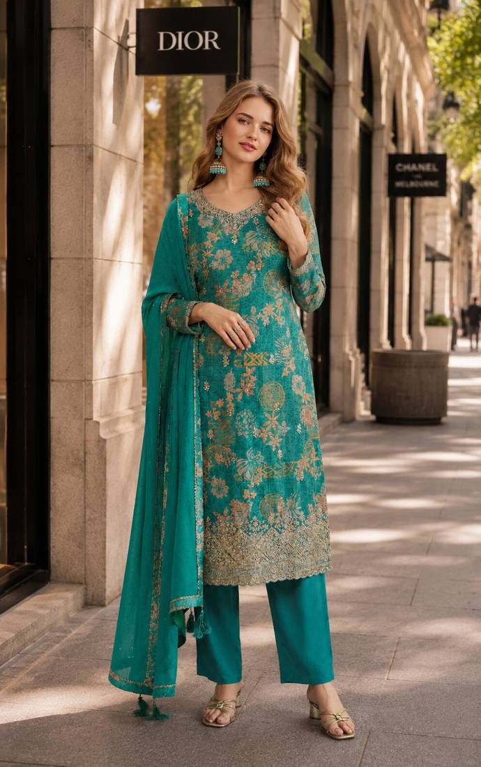 Teal green chinon semi stitched suit with multi digital printed work