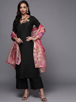 Women black embroidered kurta with palazzos & with dupatta 1