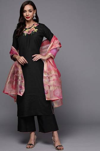 Women black embroidered kurta with palazzos & with dupatta
