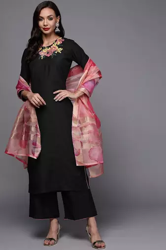 Women black embroidered kurta with palazzos & with dupatta