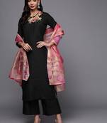Women black embroidered kurta with palazzos & with dupatta