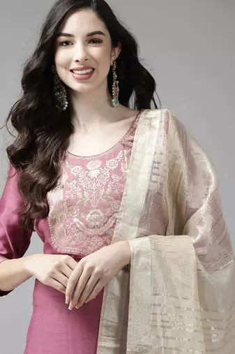 Women pink yoke design regular kurta with palazzos & dupatta