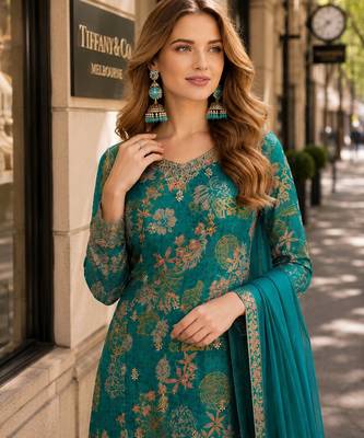 Teal green chinon suit with multi digital printed work 2