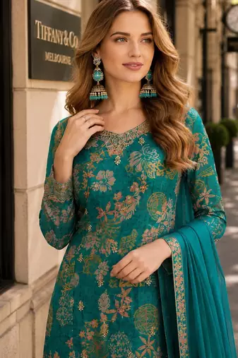 Teal green chinon semi stitched suit with multi digital printed work