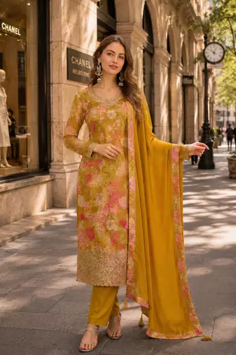 Mustard chinon semi stitched suit with multi digital printed work