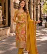 Mustard chinon semi stitched suit with multi digital printed work