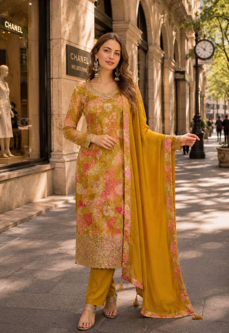 Mustard chinon semi stitched suit with multi digital printed work