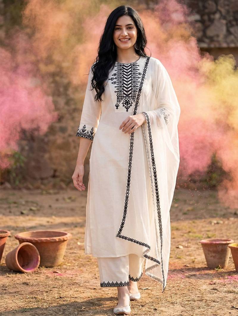 Women white floral yoke design regular mirror work kurta with palazzos & with dupatta