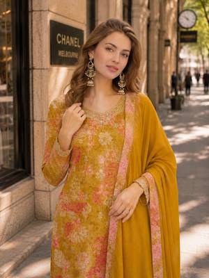 Mustard chinon suit with multi digital printed work 2