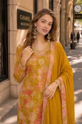 Mustard chinon semi stitched suit with multi digital printed work