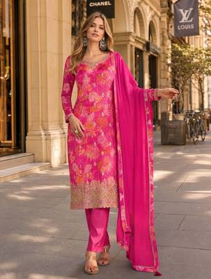 Magenta chinon suit with multi digital printed work 1