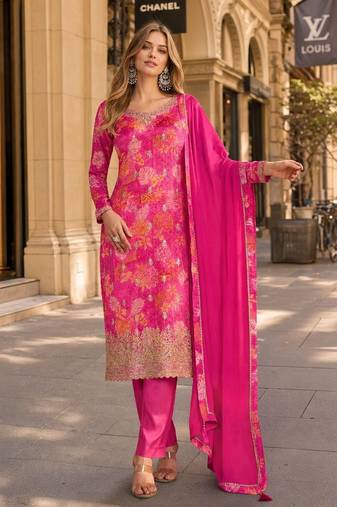 Magenta chinon suit with multi digital printed work