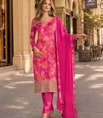 Magenta chinon semi stitched suit with multi digital printed work