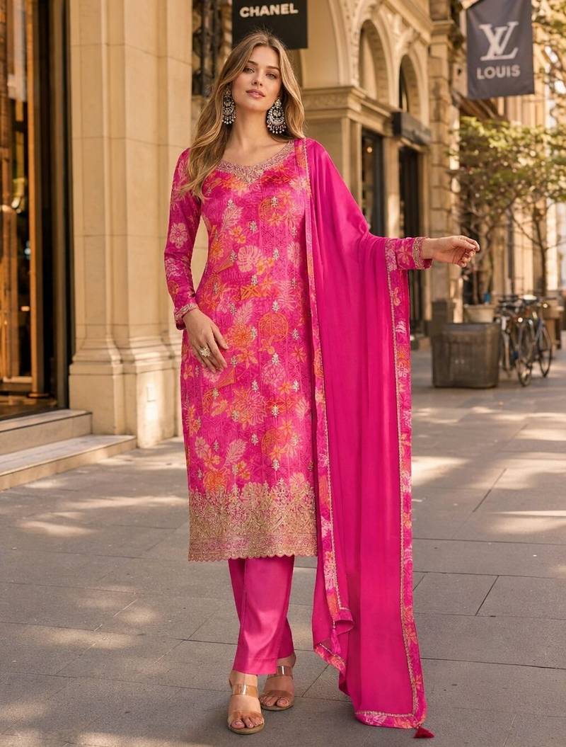 Magenta chinon semi stitched suit with multi digital printed work