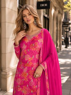 Magenta chinon suit with multi digital printed work 2