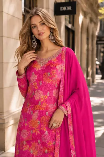 Magenta chinon semi stitched suit with multi digital printed work
