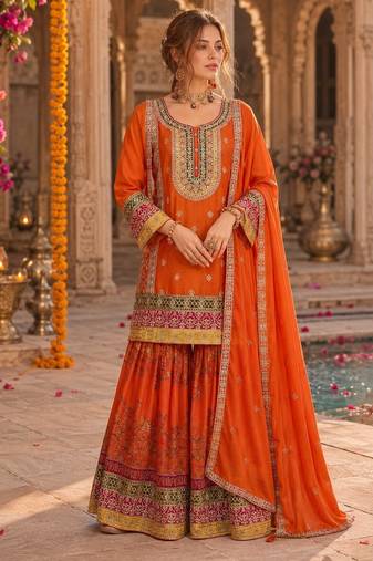 Orange chinon palazzo suit with codding dori & sequin work