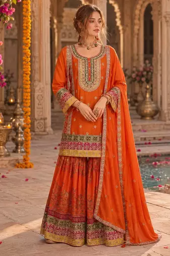 Orange chinon palazzo suit with codding dori & sequin work