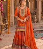 Orange chinon readymade palazzo suit with codding dori & sequence work