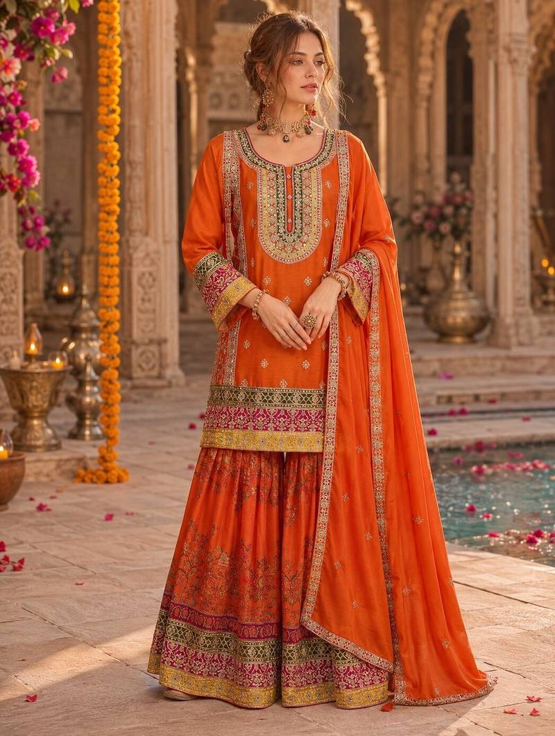 Orange chinon readymade palazzo suit with codding dori & sequence work