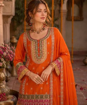 Orange chinon palazzo suit with codding dori & sequin work 2
