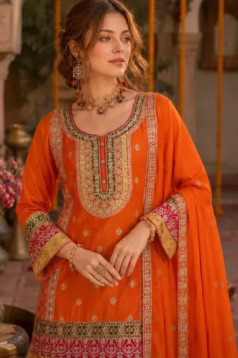 Orange chinon palazzo suit with codding dori & sequin work