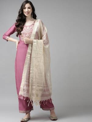 Women pink yoke design kurta with palazzos & dupatta 1
