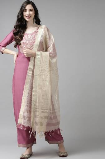 Women pink yoke design regular kurta with palazzos & dupatta