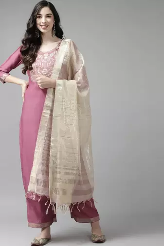 Women pink yoke design regular kurta with palazzos & dupatta