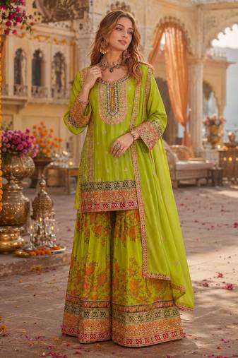 Parrot-green chinon readymade palazzo suit with codding dori & sequin work