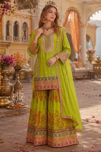 Parrot-green chinon readymade palazzo suit with codding dori & sequence work
