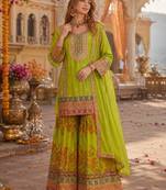 Parrot-green chinon readymade palazzo suit with codding dori & sequence work