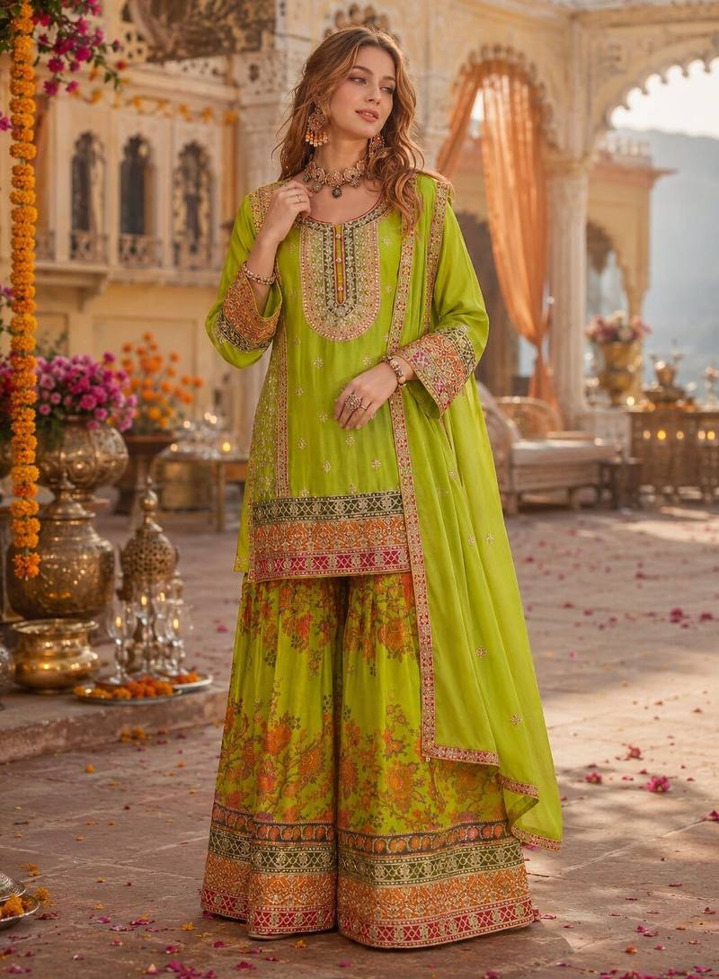 Parrot-green chinon readymade palazzo suit with codding dori & sequence work