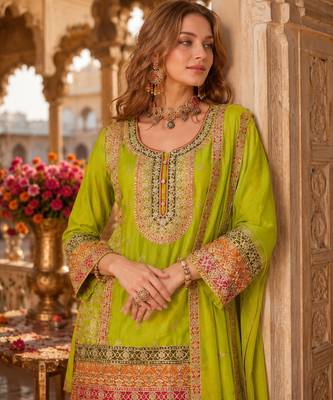 Parrot-green chinon readymade palazzo suit with codding dori & sequin work 2