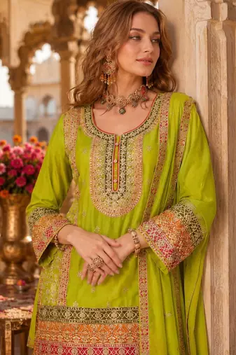 Parrot-green chinon readymade palazzo suit with codding dori & sequence work