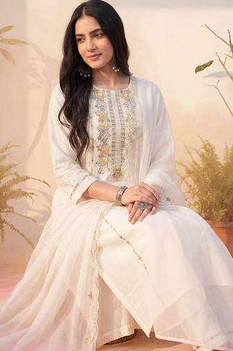 Women embroidered thread work pure cotton kurta with trousers & with dupatta