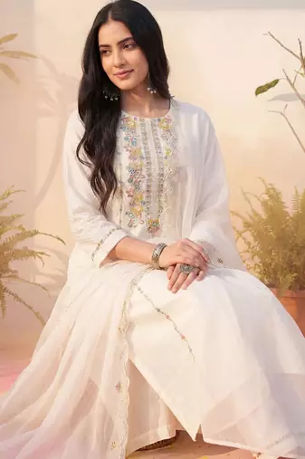 Women embroidered thread work pure cotton kurta with trousers & with dupatta