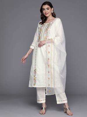 Women embroidered thread work cotton kurta with trousers & with dupatta 1